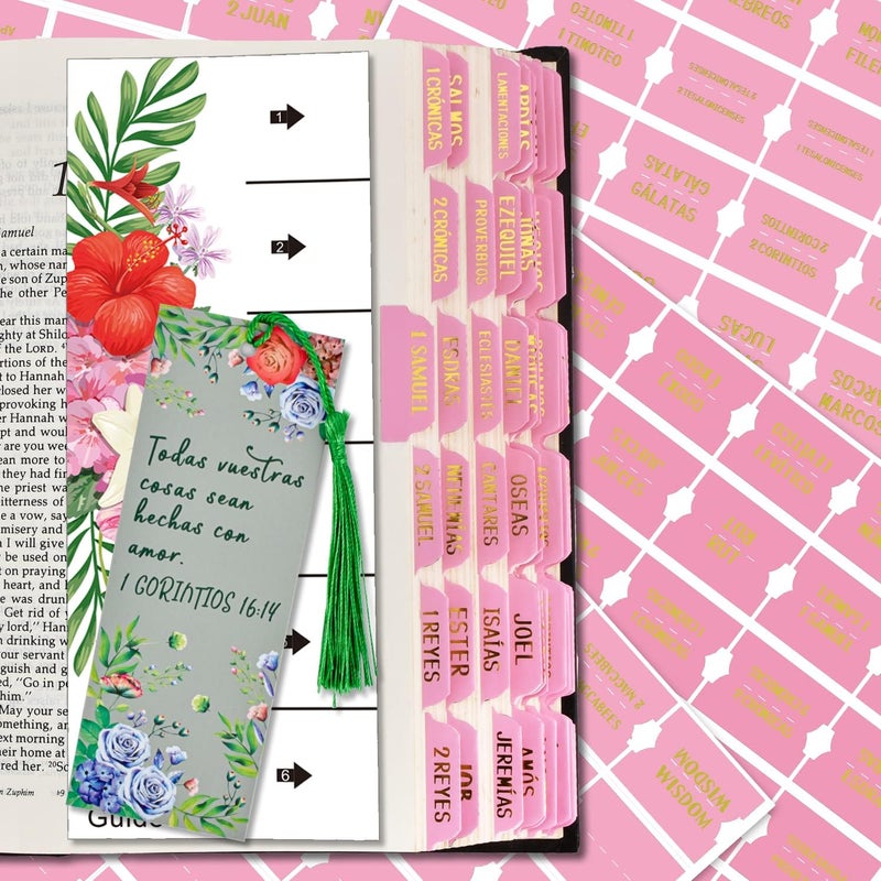 Cualfec Spanish Catholic Bible Index Tabs New & Old Testament Tabs Matte Laminated Floral Design, Bible Journaling Supplies - 122 Pcs (Pink - Gold Foil) - Image 1